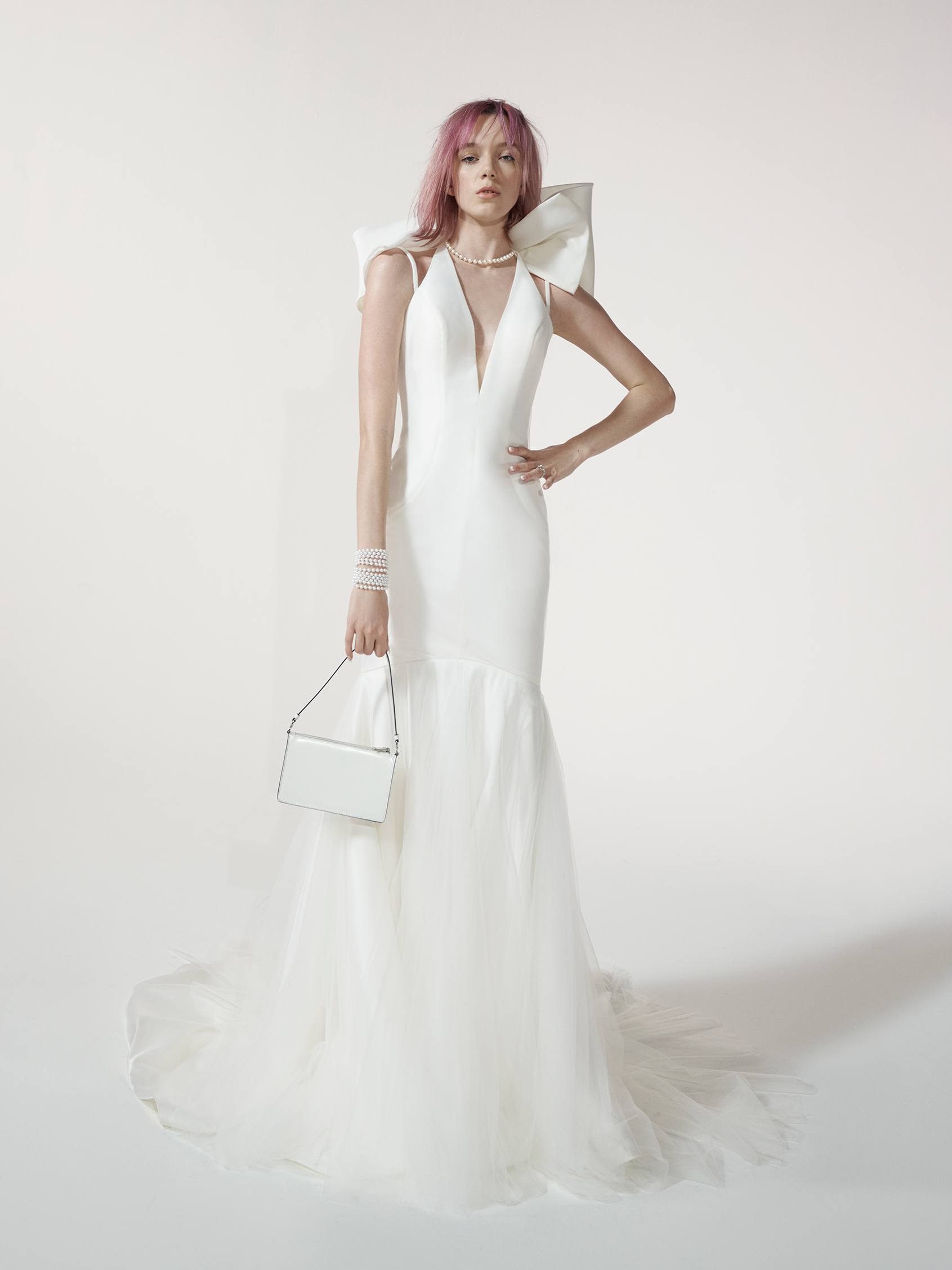 V neck halter gown with sash white by vera on sale wang